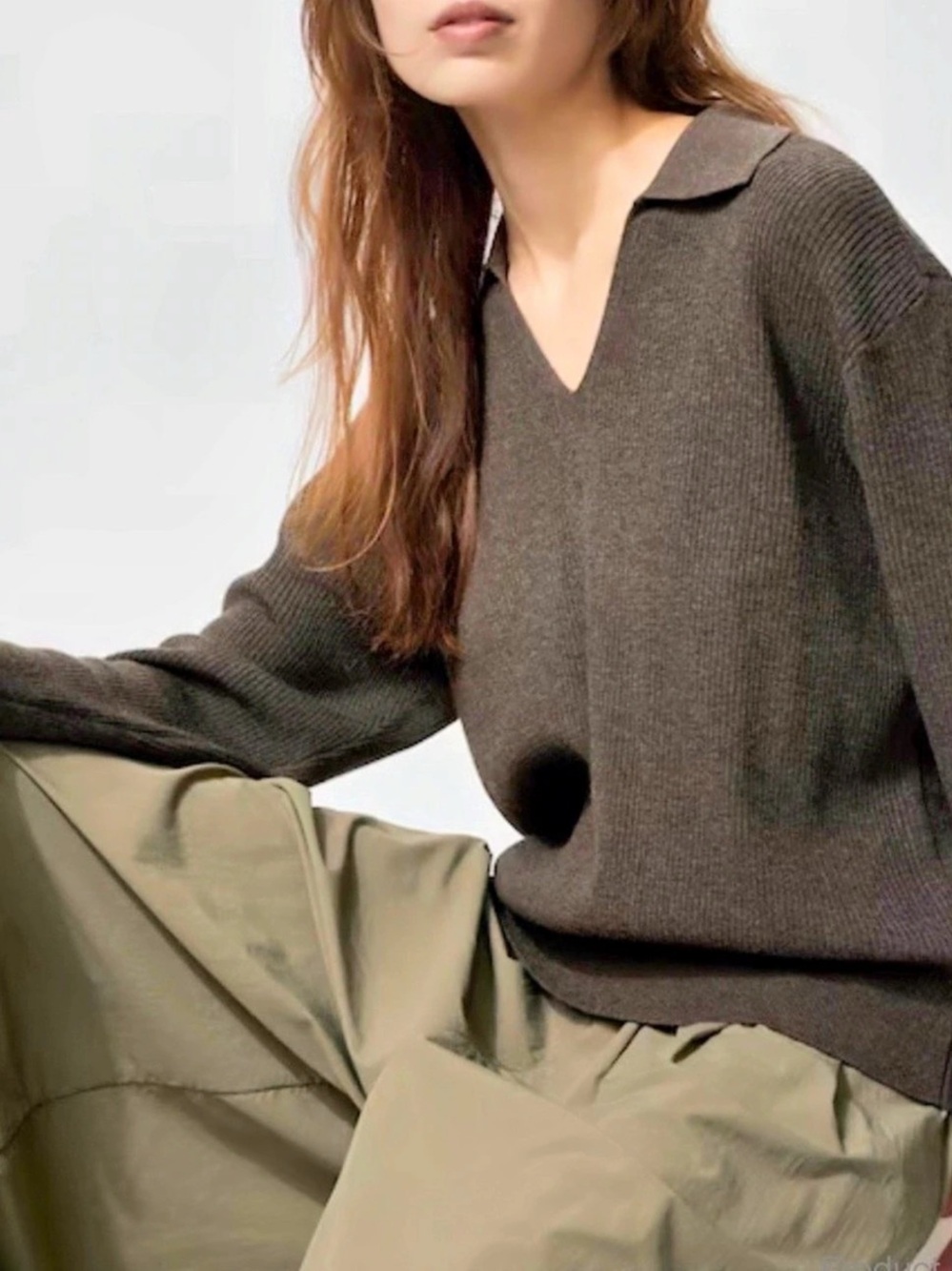 Babaton Sculpt Knit Polo Longsleeve V-Neck Sweater in Brown